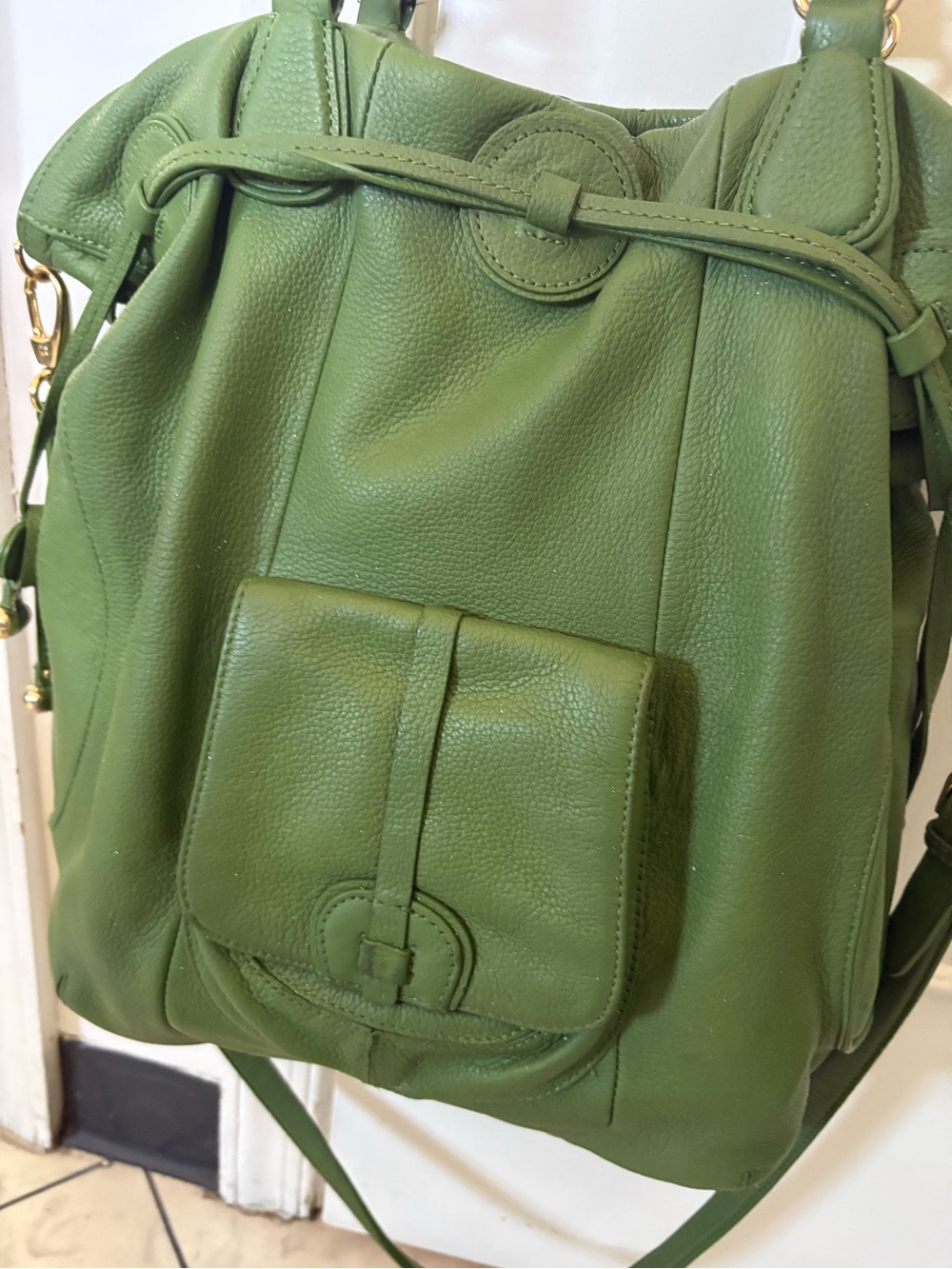 Isaac Mizrahi Olive Green Pebbled Leather Drawstring Bag